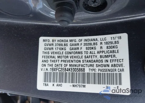 2019 Honda Civic Sport from USA, damaged, VIN 19XFC2E84KE005868